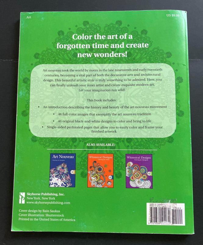 Art Nouveau: Coloring for Artists by Skyhorse Publishing (2015, Trade Paperback) gallery
