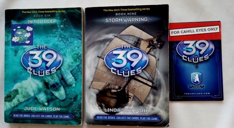 Lot-2-THE 39 CLUES paperback: #6 In Too Deep/#9 Storm Warning & 6/pcs Cards