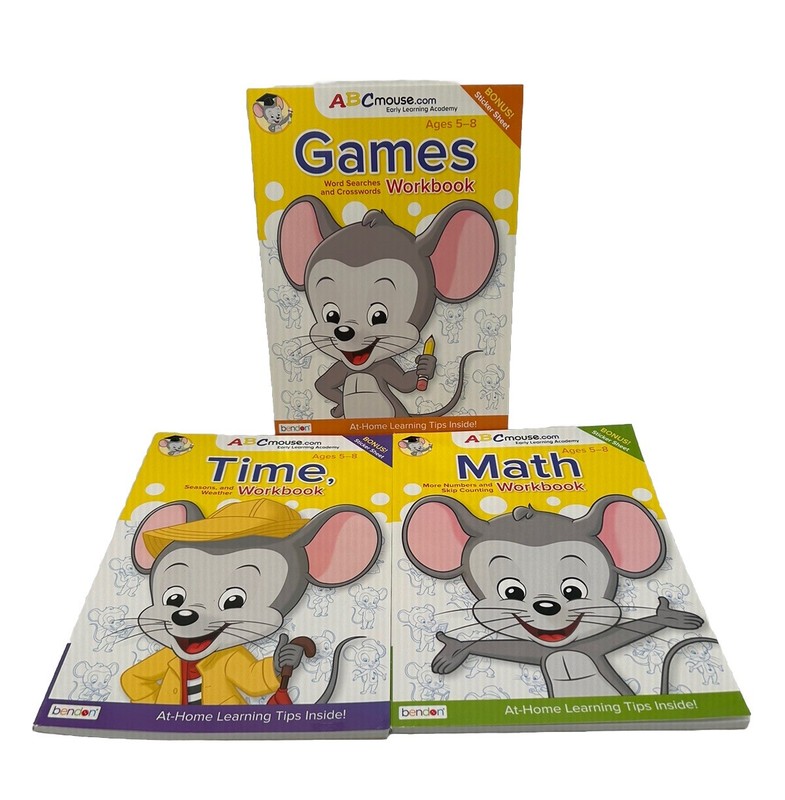 Bendon ABC Mouse Early Learning Academy 3 Workbooks Time Math Games Ages 5-8 NEW