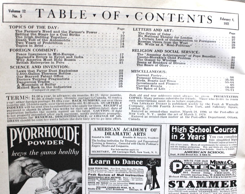 THE LITERARY DIGEST MAGAZINE 4 FEBRUARY 1922 NEWS GENERAL INTEREST VINTAGE gallery