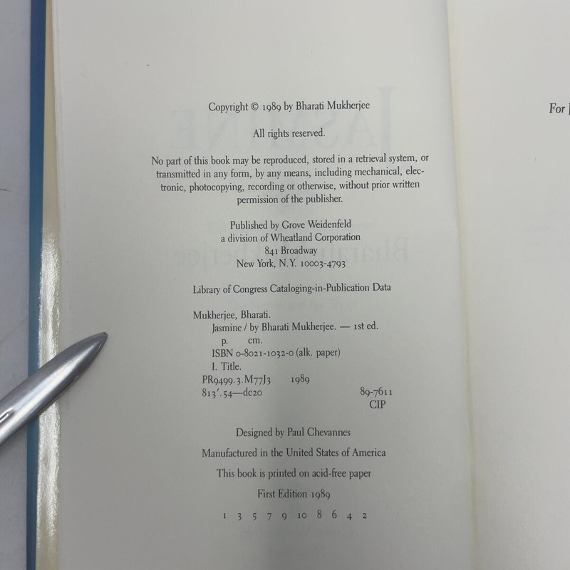 Jasmine by Bharati Mukherjee HC First Edition Very Good 1989 gallery