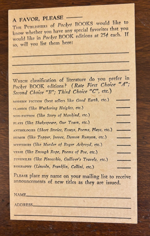 Pocket Book post card circa early 1940s unused VG+ for the vintage PB collector