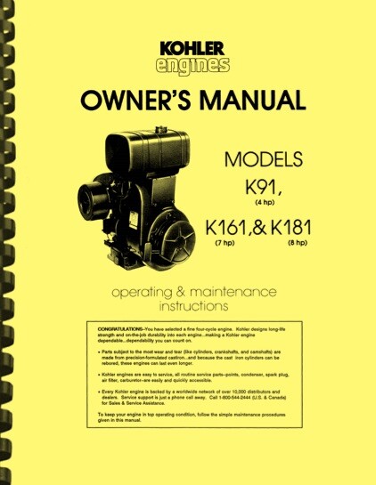 Kohler K91 4HP Engine 3-in-1 OWNERS MANUAL & SERVICE MANUAL and PARTS MANUAL