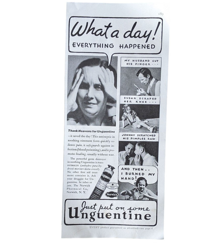 Vintage Unguentine Print Ad 1950s Medical Ephemera Family Cuts Scrapes Illustrat