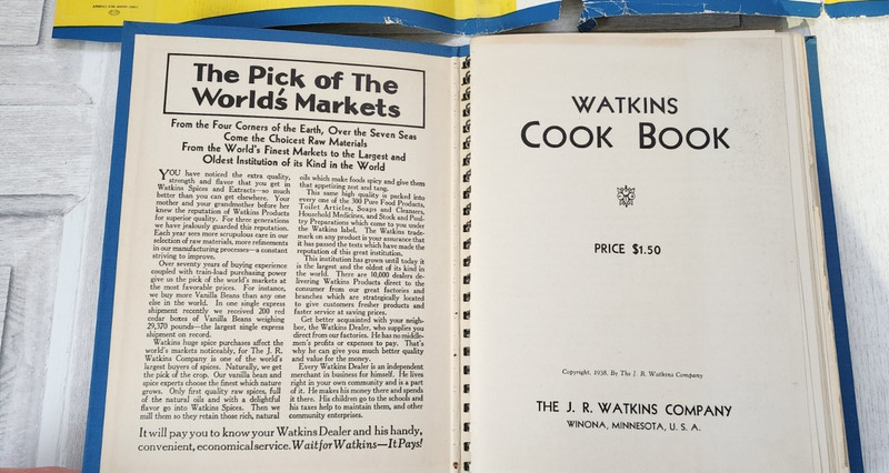 1938 Watkins Cook Book hardcover spiral-bound color advertisements 288 pages fun gallery