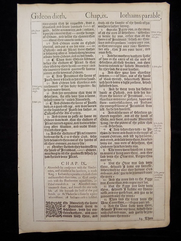 1611 KJV KING JAMES BIBLE LEAF PAGE *BOOK OF JUDGES 8:27-9:37 GIDEON’S DEATH VGC