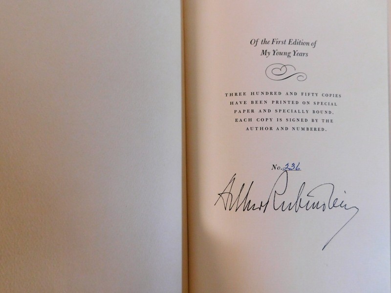 Arthur Rubinstein Signed My Young Years 1st Edition Hardcover Book JSA Authentic