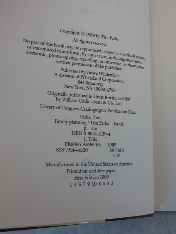 Tim Parks FAMILY PLANNING A NOVEL Grove Weidenfeld c. 1989 HC/DJ gallery