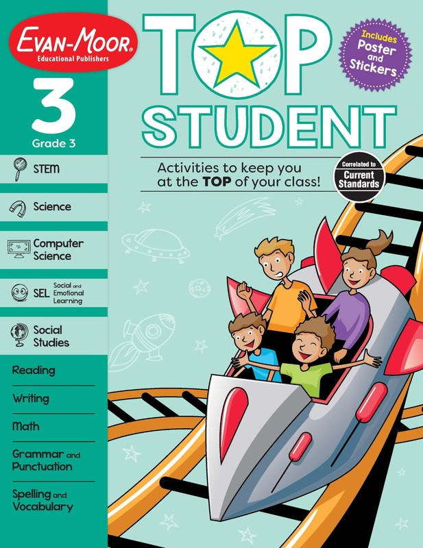 Evan-Moor Top Student, Grade 3 Workbook, 352 pages, Stickers, Poster, Readin…