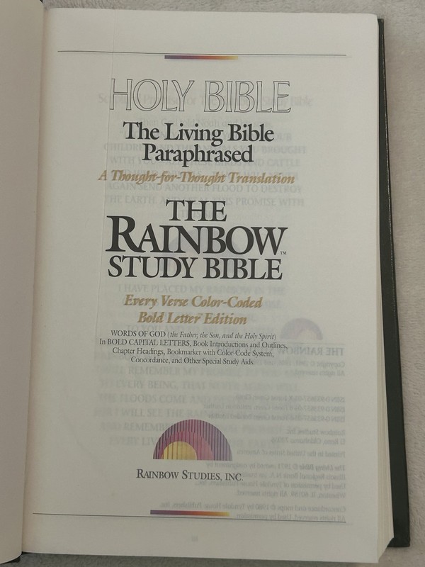 1989 RAINBOW STUDY BIBLE Living Bible Edition green HC color-coded verses aids gallery