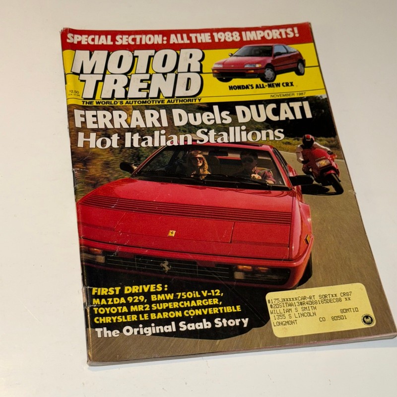 Motor Trend Magazine Nov 1987 Vintage Ferrari Ducati Italian Stallions Issue