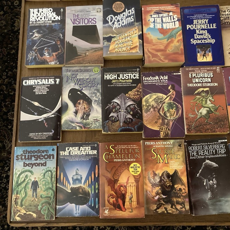 VTG Lot of 32 Sci-fi Books PIERS ANTHONY Sturgeon Pournelle Pohl Silverberg gallery