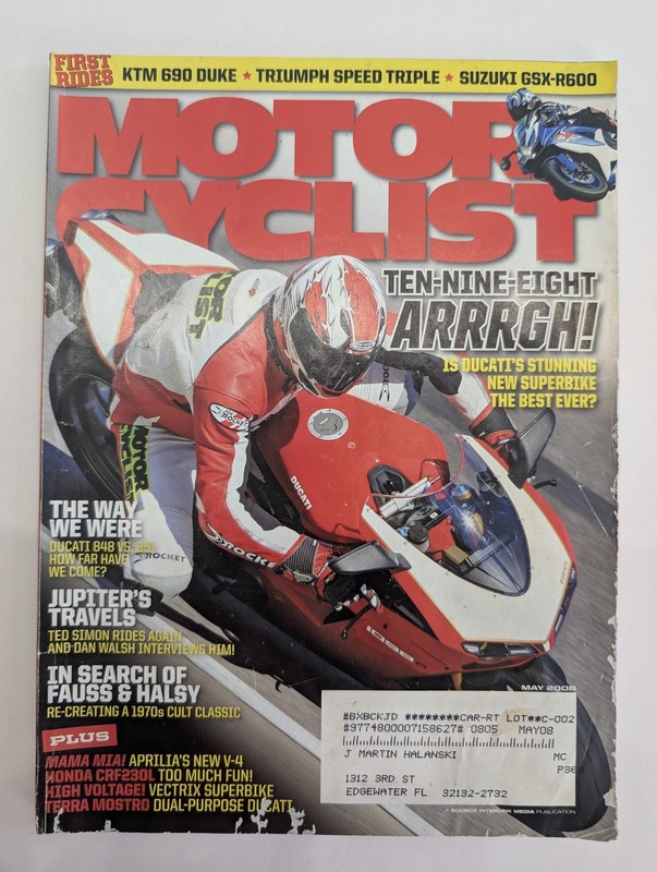 Motorcyclist Magazine May 2008 Ducati 1098 KTM 690 Duke Triumph Suzuki GSX-R600