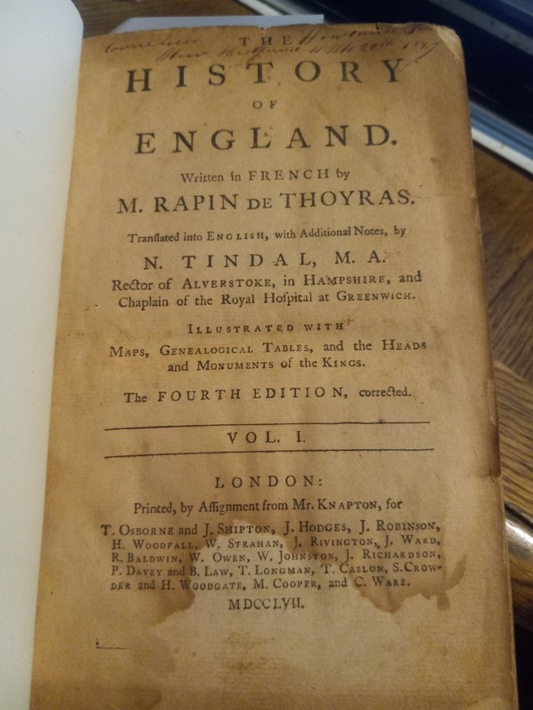 1757 HISTORY OF ENGLAND BY DE THOYRAS W/MAP & ILLUSTRATIONS! REBOUND! VOL 1 ONLY
