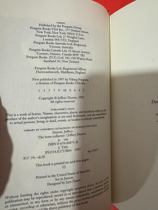 1st Edition 1st Print SIGNED Jeffery Deaver Bone Collector in Mylar UNREAD gallery