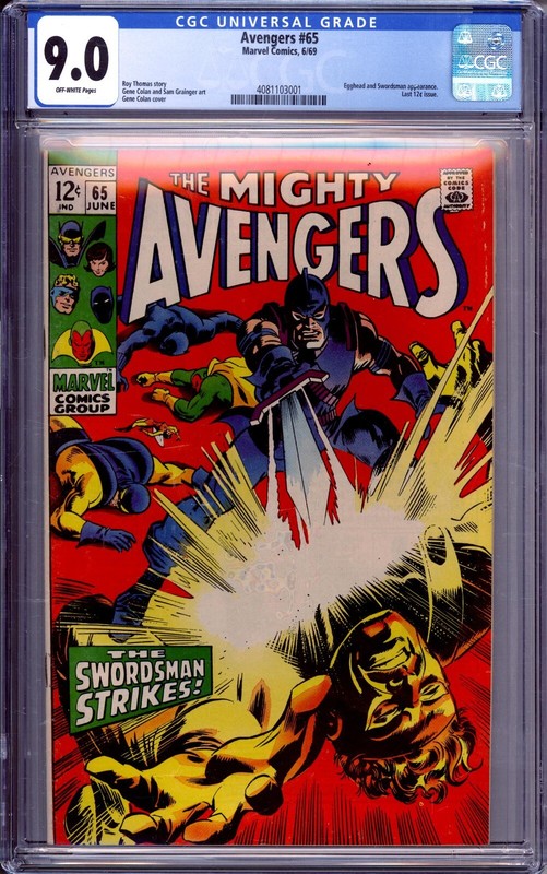 CGC AVENGERS #65 VF/NM 9.0 1969 SWORDMAN APPEARANCE. LAST 12 CENT ISSUE