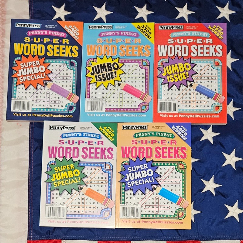 Lot of 5 Penny Press Penny’s Finest Super Word Search Seek Puzzle Books Variety