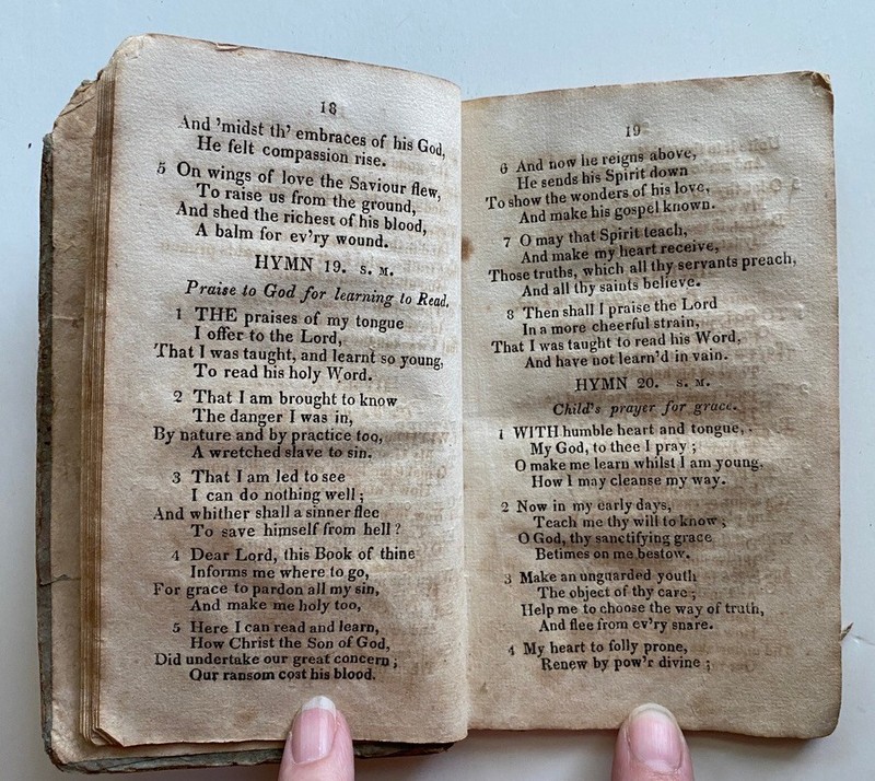 1818 Hymns for Sunday Schools Antique VIntage Book Death Idleness Mischief Piety gallery