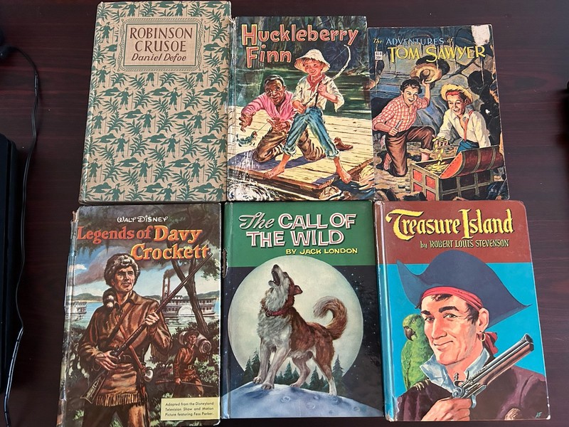 #584 6 Books Robinson Crusoe, Huck Finn , Tom Sawyer,Davy Crockett & More !